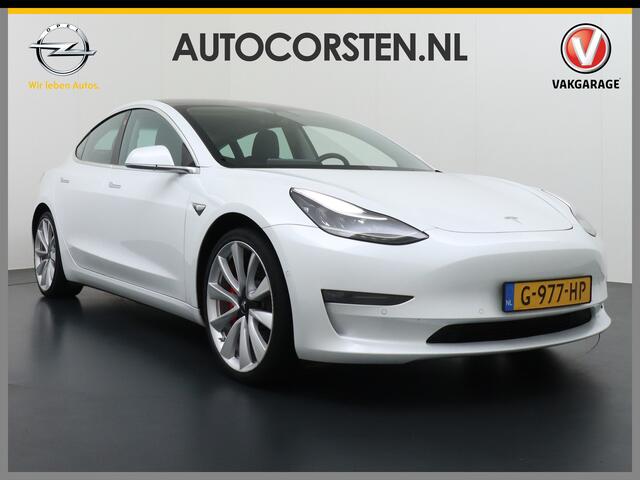 Tesla Model 3 4WD Performance 513pk 3,4 sec 0-100 ! 20" FSD-vb. AutoPilot Carbon-Spoiler Premium-HiFi Pano.dak Camera Leer Adaptive-Cruise+Stop&Go PDC Wifi Ecc Dual Motor Long Range 75kWh Stoel en achterbank verwarming Keyless Navi LED ACC DAB Voorverwarmen interieur e