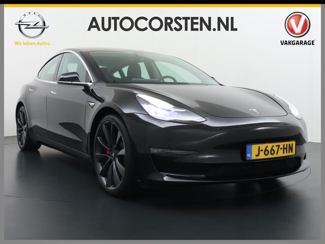 Tesla Model 3 Performance 513pk 20" AutoPilot Pano.dak Adaptive Cruise Camera''s Leer PDC-A+Voor Wifi Ecc Pdc Dual Motor ! Elektr.-A-Klep+Stuur+Verst.Stoel+Geheugen, Easy Entry Stoel+Bank-Verwarmd Keyless carbon spoiler rode remklauwen Long Range accu WiFi Voorbereid.