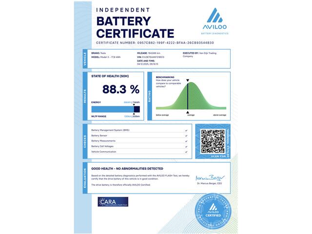 Tesla Model 3 Long Range RWD 75 kWh ?SOH 88.3% ?Autopilot ?Panoramadak ?Vol Leder ?360º Camera ?Stoelverwarming ?Origineel NL