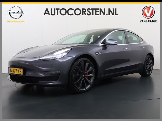 Tesla Model 3 Performance 513pk 0-100 3,4sec AWD Lmv 20" AutoPilot Rode Remklauwen Carbon Spoiler Panoramadak Adaptive Cruise Camera's Leer Pdc Wifi Ecc Elektr.-A-Klep+Stuur+Verst.Stoel+Geheugen Easy Entry Stoel+Bank-Verwarmd Keyless WiFi 75kWh 4WD 1e Eigenaar Origine