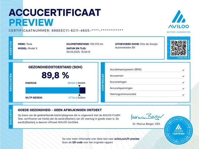 Tesla Model X 100D 6p. / SoH 89.8% / Autopilot / Trekhaak / Panoramadak / 20'' / Luxe Leder / Luchtvering