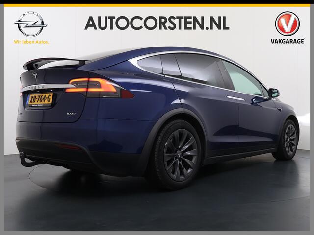 Tesla Model X 100D 20" Trekhaak Leder Luchtvering Adaptive Cruise AutoPilot Panoramadak Vleugeldeuren Camera's Elektr.Stoelen/Stuur+Verwarmd+Geheugen Keyless Wifi Adaptieve koplampen Lmv 20" Led Elektr.-Achterklep Bordherkenning Verwarmde Sproeiers-bladen Carbon Sentry