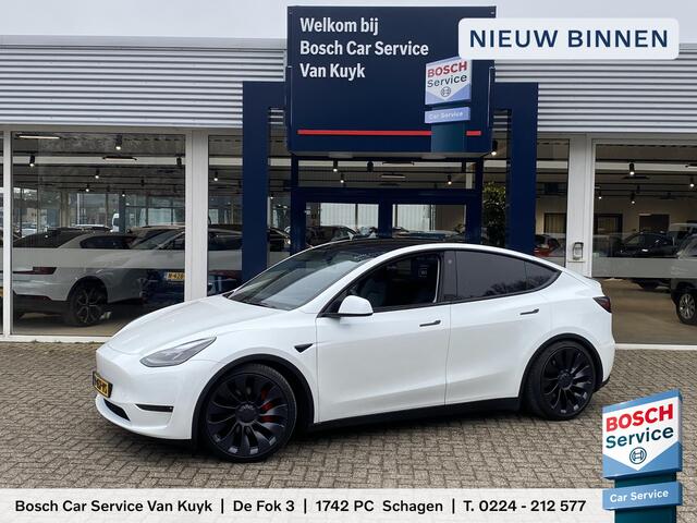 Tesla Model Y Performance AWD 75 kWh / Panodak / Stuurverwarming / Stoelverwarming V+A / Vol-Leder / Elektr.-Stoelen / Dodehoek-Detectie / Keyless / LED / Navi / 21'' LMV / ENZ.