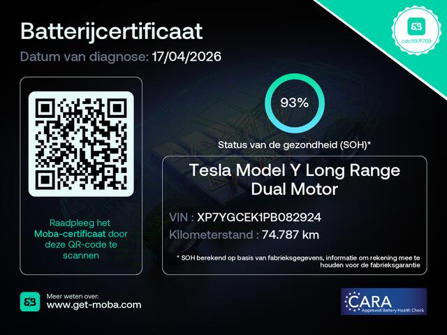 Tesla Model Y Long Range AWD 514pk Warmtepomp SOH 93% Leder Panoramadak Matrix-LED Autopilot Elektr.Stuur+Stoel+Verwarmd Navi Ecc Premium Audio Keyless Priv.Glass Elektr.Stuur+Stoel+Verwarmd Navi Ecc Premium Audio Keyless Privacy Glass 4WD 1e Eigenaar Fabrieksgarantie 