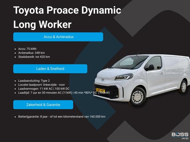 Toyota PROACE Dynamic Long Worker 75kWh NIEUW! L3 348km WLTP 100kW Snelladen LED Climate Control Adaptieve Cruise Stoel/ Stuur verwarming Carplay Camera