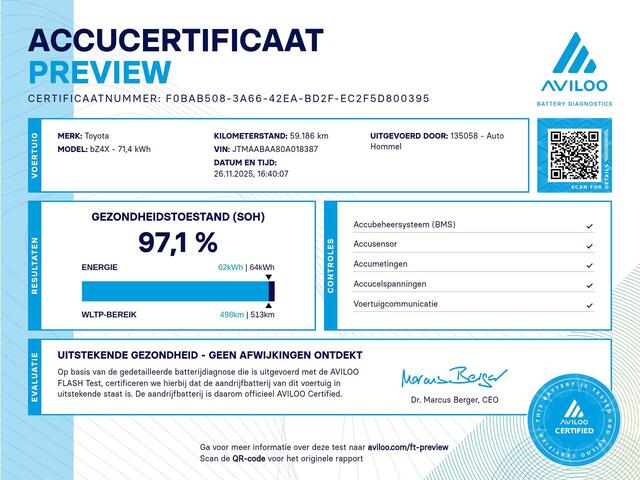Toyota bZ4X Active 71 kWh -SOH 97,1% !!!- ORIGINEEL NEDERLANDSE AUTO - AFKOMSTIG VAN 1E EIGENAAR - 2 LAADKABELS - 3 FASE - CAMERA - ALARM KLASSE 3 MET KIWA CERTIFICAAT - NAVIGATIE - ADAPTIEVE CRUISE CONTROL - CLIMATE CONTROL - KEYLESS ENTRY/ START