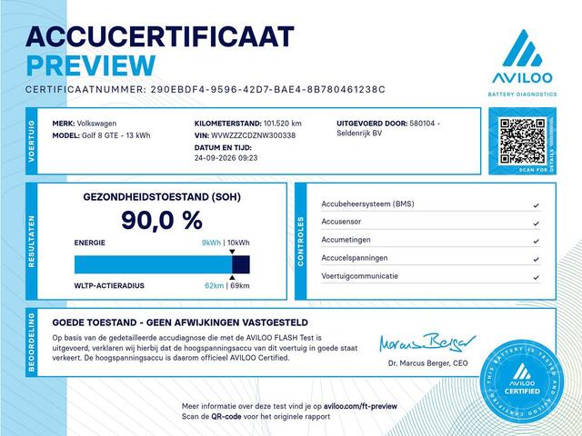 Volkswagen GOLF 1.4 eHybrid GTE | SOH 90,0% | Panoramadak | Leder | Adaptive cruise | Memory | Trekhaak | Stuur/stoel verwarming | Stoelventilatie | Camera | Park assist | Carplay | Climate control