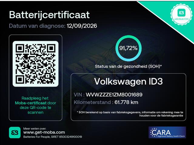 Volkswagen ID.3 Pro 58 kWh SOH 91,72%, parkeersensoren voor en achter, multifunctioneel stuurwiel, lane assist, bluetooth carkit, carplay, meerkleurige sfeerverlichting, navi discover pro