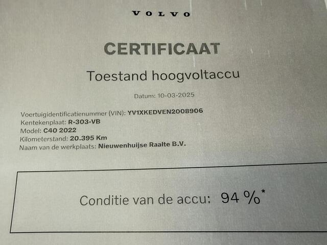 Volvo C40 Recharge Twin Intro Edition 78 kWh | SOH: 94% | 20" velgen | Warmtepomp | Stoel/stuur verwarming | Adaptieve Cruise | Memory | Power Seat | Harman/Kardon | 360° Camera | Keyless entry/start | BLIS |