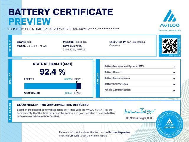 Audi e-tron 50 Quattro Launch Edition Plus ?SOH 92.4% ?Panoramadak ?Vol Leder ?Luchtvering ?Full LED ?Elektrische Achterklep ?Parkeersensoren ?Trekhaak