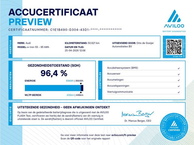 Audi e-tron 55 quattro S edition 95 kWh / SoH 96,4% / 50.665 km! / Trekhaak / Camera / Keyless / B&O / 21'' / Luchtvering / CarPlay / Stoelverwarming / DAB / ACC