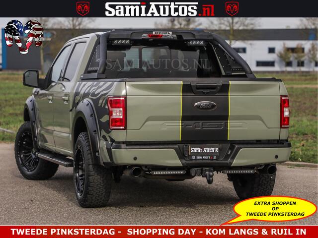 Dodge RAM PICKUP FORD F150 5.0 V8 4X4 | MAT OLIVE GREEN | BIJTELLING VRIJ | ZEER DIK | CAMERA | 3500KG | PANORAMA | LEDER | GO RHINO ROLLBAR | CRUISE CONTROL | PRINS LPG | BAKFLIP COVER | Deze pick-up is leverbaar met zowel een groot rijbewijs (C) als een klein rijbewijs