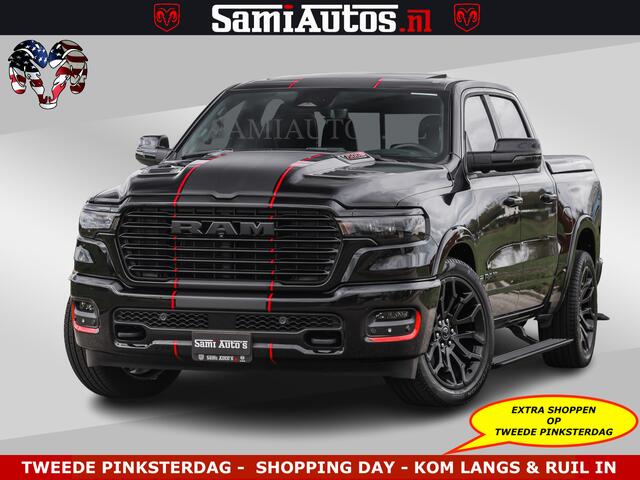 Dodge RAM PICKUP NIGHT PREMIUM | 426PK | STRIPING | LUCHTVERING | HUD | PANO | 360 CAM | Full Option | LIMITED WHEELS | De Meest Luxe Pick-Up in zijn Klasse | Comfortabele Dubbele Cabine met Royale 5 Zitplaatsen | EERSTE EIGENAAR | SMOKE PACK | BOM VOL |