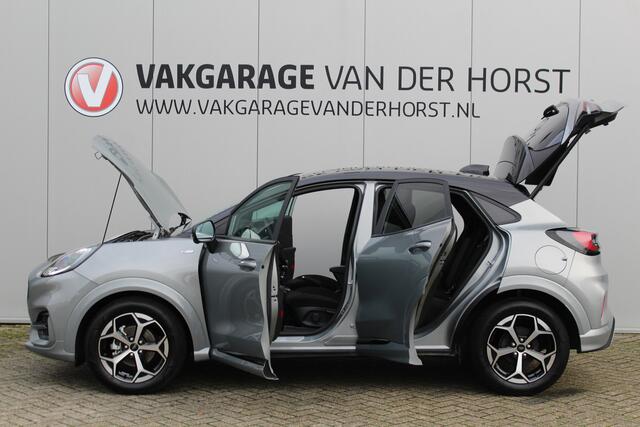 Ford PUMA 1.0-125pk EcoBoost Mild-Hybrid ST-Line, two-tone. Alwéér een prachtige hoogzitter met slechts 8.300km ! Autm. airco, camera 360gr., LM wln, side- en lane assist, adaptieve cruise cntrl, navigatie, telefoonvoorb., stoel-, stuur- en voorraamverw. etc.