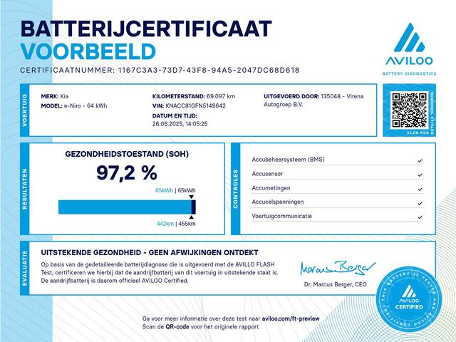 KIA e-Niro DynamicLine 64 kWh - SOH 97,2% - Apple CarPlay/Android Auto - Achteruitrijcamera - Adaptieve Cruise Control - Navigatie - Climate Control - Fabrieksgarantie tot 04-2029