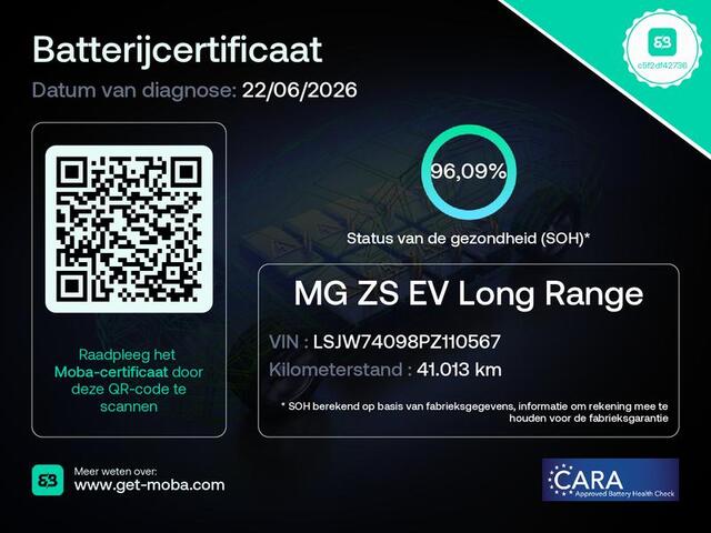 MG ZS MG EV EV Long Range Luxury 70 kWh -SOH 96,09% - ORIGINEEL NEDERLANDSE AUTO - ACHTERUITRIJASSISTENT - RONDOMZICHTCAMERA - APPLE CARPLAY/ANDROID AUTO - NAVIGATIESYSTEEM - ADAPTIEVE CRUISE CONTROL - DODEHOEKDETECTIE - RIJSTROOKASSISTENT - PANORAMADAK - KEYLE