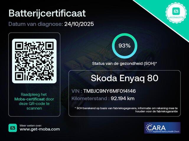 Skoda Enyaq iV 80 (204PK) ACCU 93%! BEREIK 537KM GARANTIE 4-2031 . NAVIGATIE . STUURWIEL VERWARMD . PARKEERSENSOREN VOOR & ACHTER .