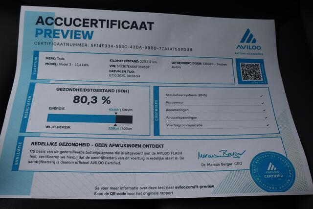 Tesla Model 3 Standard RWD Plus 60 kWh 80% SOH, Panoramadak, Lederen interieur, 360 Camera