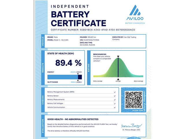 Tesla Model 3 Standard RWD Plus 60 kWh ?SOH 89.4% ?Full Self Driving 3 ?Autopilot ?Panoramadak ?Vol Leder ?360º Camera ?Stoelverwarming ?Trekhaak ?Origineel NL