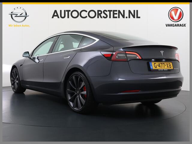 Tesla Model 3 Performance 513pk 0-100 3,4sec AWD Lmv 20" AutoPilot Rode Remklauwen Carbon Spoiler Panoramadak Adaptive Cruise Camera's Leer Pdc Wifi Ecc Elektr.-A-Klep+Stuur+Verst.Stoel+Geheugen Easy Entry Stoel+Bank-Verwarmd Keyless WiFi 75kWh 4WD 1e Eigenaar Origine