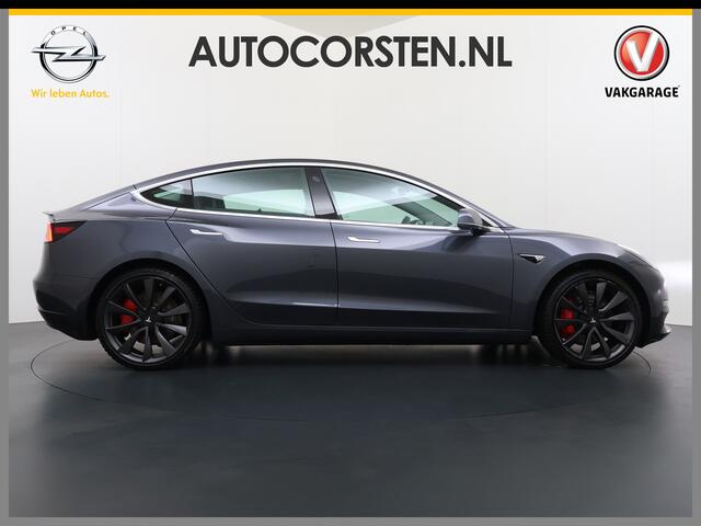 Tesla Model 3 Performance 513pk 0-100 3,4sec AWD Lmv 20" AutoPilot Rode Remklauwen Carbon Spoiler Panoramadak Adaptive Cruise Camera's Leer Pdc Wifi Ecc Elektr.-A-Klep+Stuur+Verst.Stoel+Geheugen Easy Entry Stoel+Bank-Verwarmd Keyless WiFi 75kWh 4WD 1e Eigenaar Origine