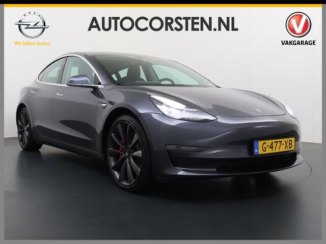 Tesla Model 3 Performance 513pk 0-100 3,4sec AWD Lmv 20" AutoPilot Rode Remklauwen Carbon Spoiler Panoramadak Adaptive Cruise Camera's Leer Pdc Wifi Ecc Elektr.-A-Klep+Stuur+Verst.Stoel+Geheugen Easy Entry Stoel+Bank-Verwarmd Keyless WiFi 75kWh 4WD 1e Eigenaar Origine
