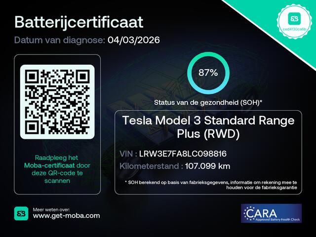 Tesla Model 3 SR+ 325PK LFP-Accu Trekhaak AutoPilot Leer Pano-Dak Adaptive Cruise Lmv 18" Camera's Elektr.-Stuur+Stoelen+Spiegels+Geheugen+Easy-Entry+Verwarmde stoelen Park assistent Pdc WIFI Ecc Lane-Assist Speed-Assist SOH 87% Ecc Navi Led DAB Voorverwarmen interieur