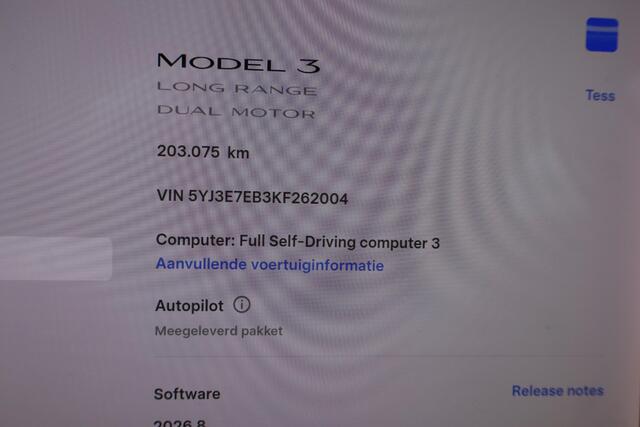 Tesla Model 3 Long Range AWD 75 kWh 86% SOH, Lederen interieur, Cruise control, Autopilot computer 3.0, 360 Camera, Auto moet nog gereinigd worden.