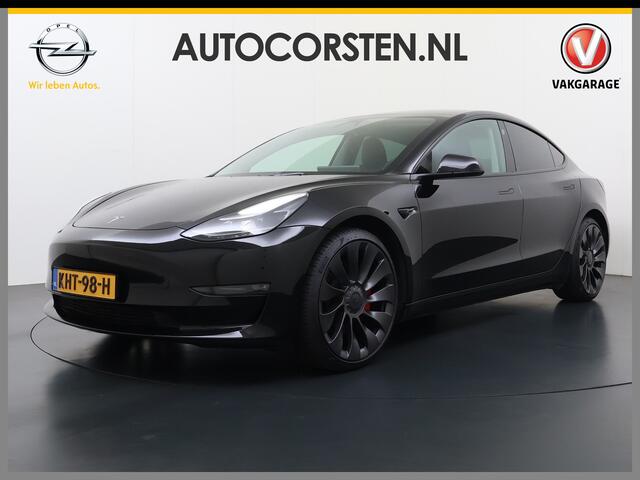 Tesla Model 3 Performance AWD 513PK Facelift Warmtepomp Lmv 20" Panoramadak Adap.Cruise Elek.Verwarmde Stoelen+Memory Inductieladen Navi Camera's Ecc Leder SOH 85.6% Led Pdc Privacy Glas Elek.Achterklep Keyless 4WD Fabrieksgarantie op Accu en Motor tot 18-02-2029/192.0