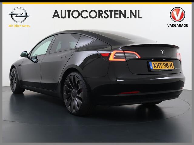 Tesla Model 3 Performance AWD 513PK Facelift Warmtepomp Lmv 20" Panoramadak Adap.Cruise Elek.Verwarmde Stoelen+Memory Inductieladen Navi Camera's Ecc Leder SOH 85.6% Led Pdc Privacy Glas Elek.Achterklep Keyless 4WD Fabrieksgarantie op Accu en Motor tot 18-02-2029/192.0