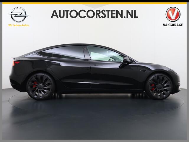 Tesla Model 3 Performance AWD 513PK Facelift Warmtepomp Lmv 20" Panoramadak Adap.Cruise Elek.Verwarmde Stoelen+Memory Inductieladen Navi Camera's Ecc Leder SOH 85.6% Led Pdc Privacy Glas Elek.Achterklep Keyless 4WD Fabrieksgarantie op Accu en Motor tot 18-02-2029/192.0