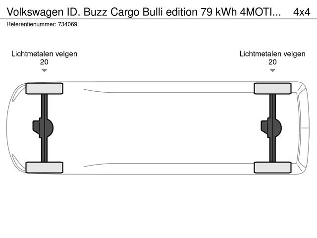 Volkswagen ID. Buzz Cargo Bulli edition 79 kWh 4MOTION 340PK / 250kW LED Matrix IQ.Light, 360° rondomzicht camera, verwarmbare voorstoelen + stuurwiel, dodehoekdetectie (Side Assist), Apple Carplay & Android Auto, schuifdeur links + rechts met sluithulp, bijrijdersstoel ipv bank, 